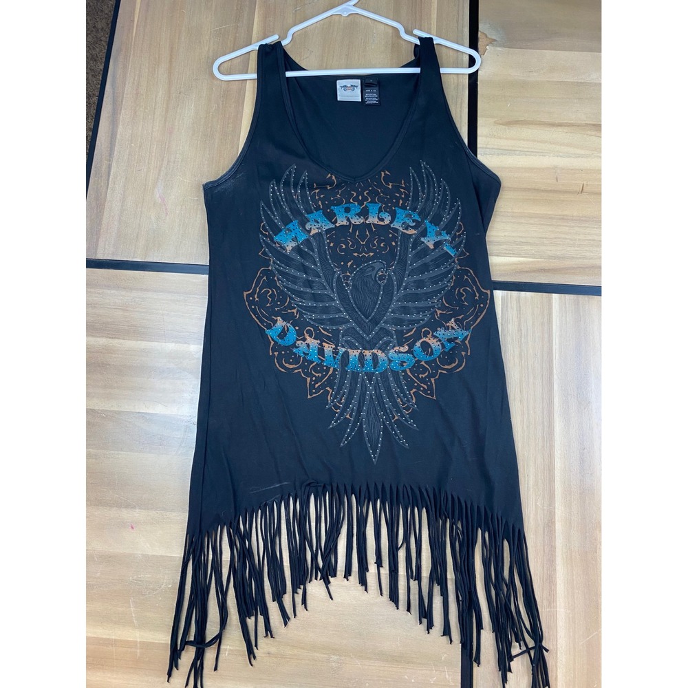 Harley Davidson Womens Black Eagle Fringe Tank Dress Tunic Top L‎